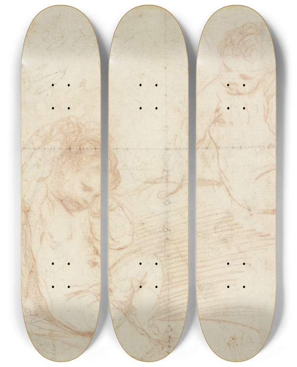 Triptych art skateboard deck of Guercino Zwei Nackte Kleinkinder by Guercino (1591-1666)