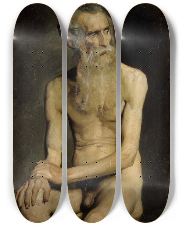 Triptych art skateboard deck of Albert Edelfelt Old Man Seated Academy Study by Albert Edelfelt (1854-1905)