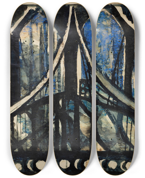 Triptych art skateboard deck of Joseph Stella Study Of The Brooklyn Bridge by Joseph Stella (1877-1946)