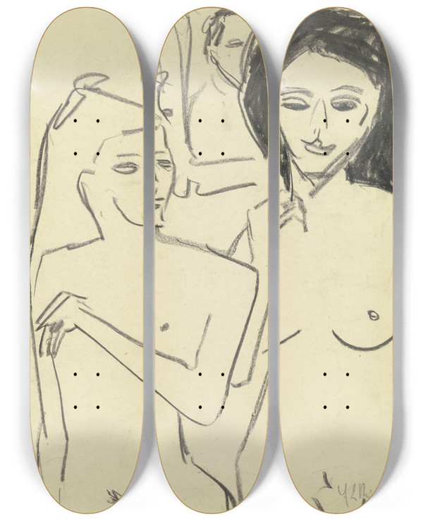 Triptych art skateboard deck of Ernst Ludwig Kirchner Zwei Mdchenakte Vor Einem Bildnis by Ernst Ludwig Kirchner (1880-1938)