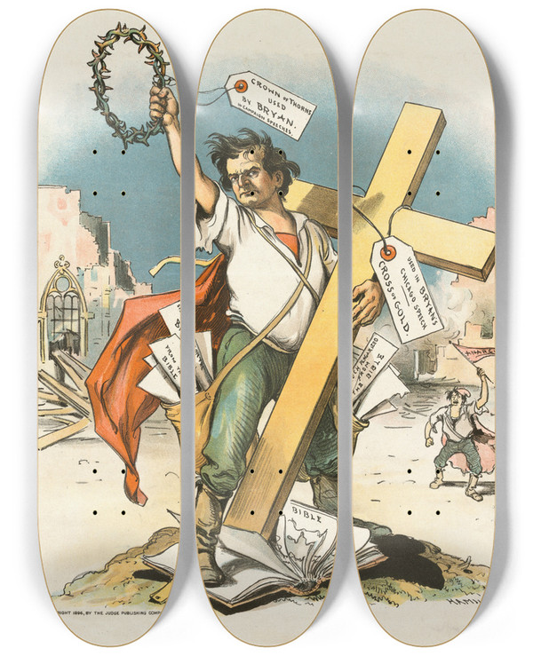 Triptych art skateboard deck of Grant Hamilton The Sacrilegious Candidate by Grant Hamilton (1862-1926)