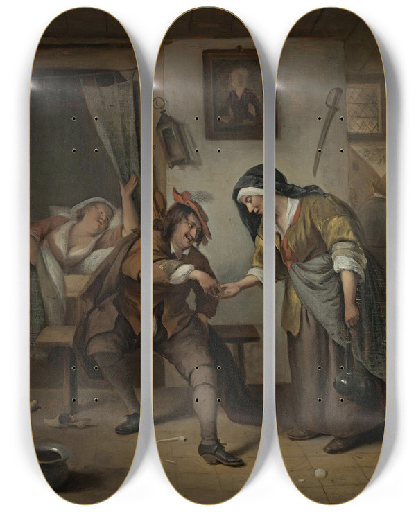 Triptych art skateboard deck of Jan Steen The Procuress by Jan Steen (1626-1679)