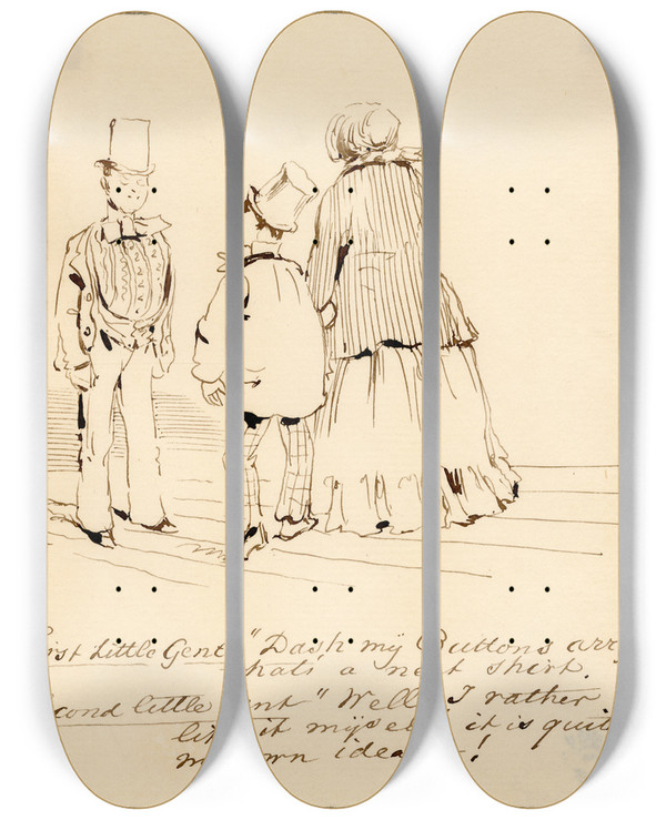 Triptych art skateboard deck of Pieter Van Loon Karik Twee Over Kleding Converserende Heren_2 by Pieter Van Loon (1801-1873)