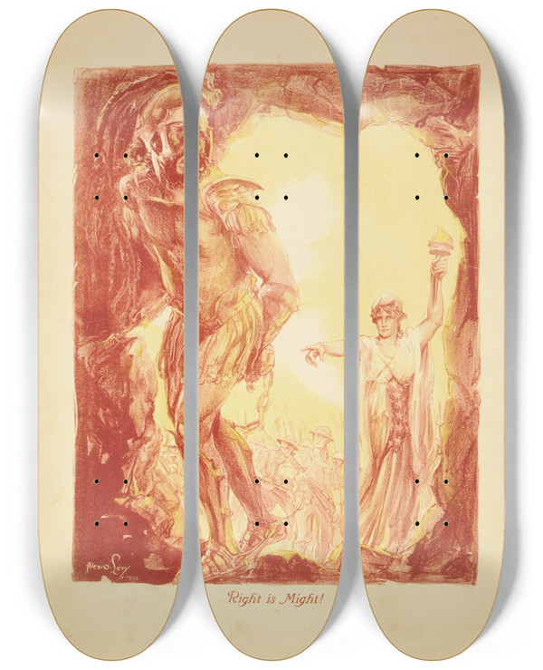 Triptych art skateboard deck of Alexander O Levy Right Is Might by Alexander O Levy (1881-1947)