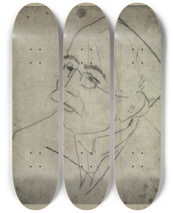 Triptych art skateboard deck of Ernst Ludwig Kirchner Portrt Gustav Schiefler I by Ernst Ludwig Kirchner (1880-1938)