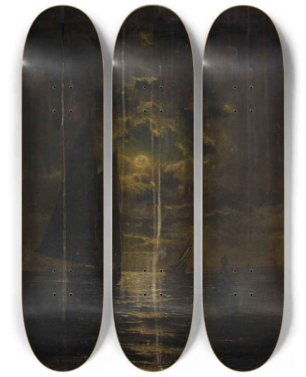 Triptych art skateboard deck of Frederick Rondel Sailboats In Moonlight by Frederick Rondel (1826-1892)