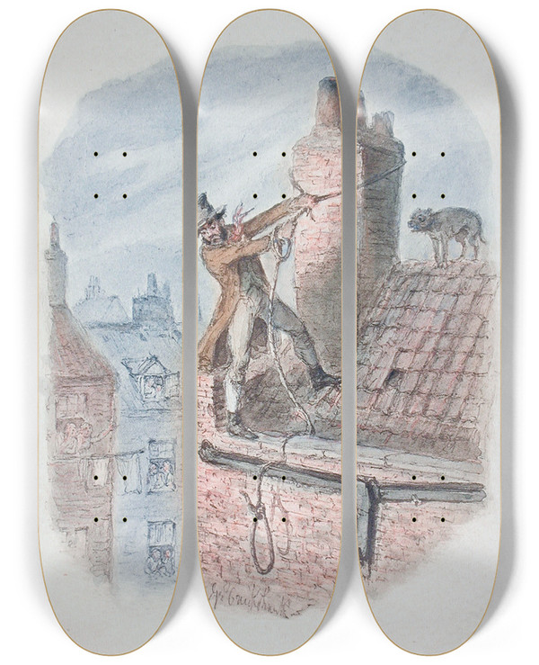 Triptych art skateboard deck of George Cruikshank The Last Chance by George Cruikshank (1792-1878)