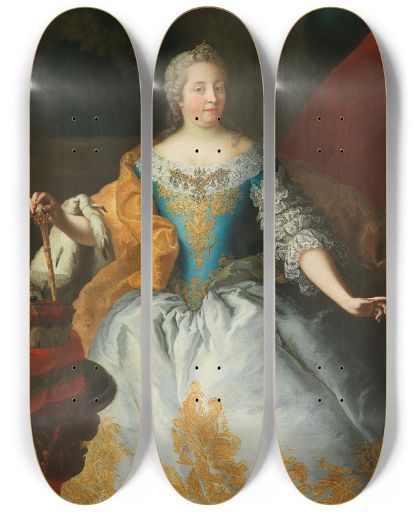 Triptych art skateboard deck of Martin Van Meytens Portrait Of The Empress Maria Theresia Queen Of Hungary And Bohemia With The Bohemian And The Archducal Crown by Martin Van Meytens (1695-1770)