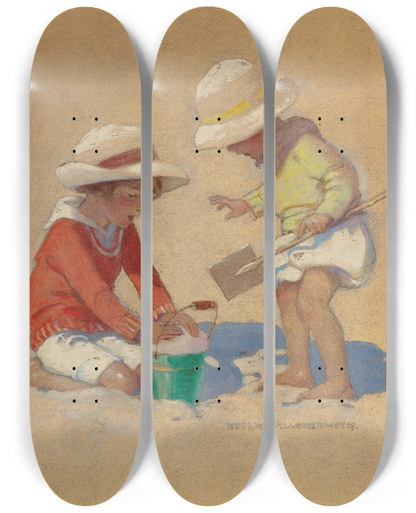 Triptych art skateboard deck of Jessie Willcox Smith Building A Sand Castle by Jessie Willcox Smith (1863-1935)