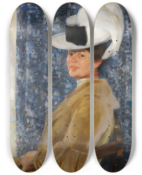 Triptych art skateboard deck of Fritz Erler Portrt Der Anna Erler Mit Federhut by Fritz Erler (1868-1940)