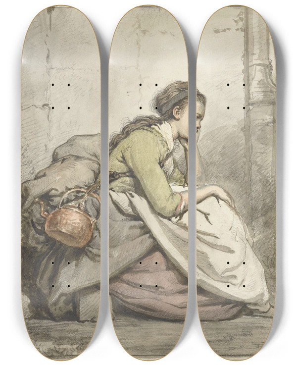 Triptych art skateboard deck of Abraham Van Strij Zittende Vrouw Met Een Koperen Ketel by Abraham Van Strij (1753-1753)