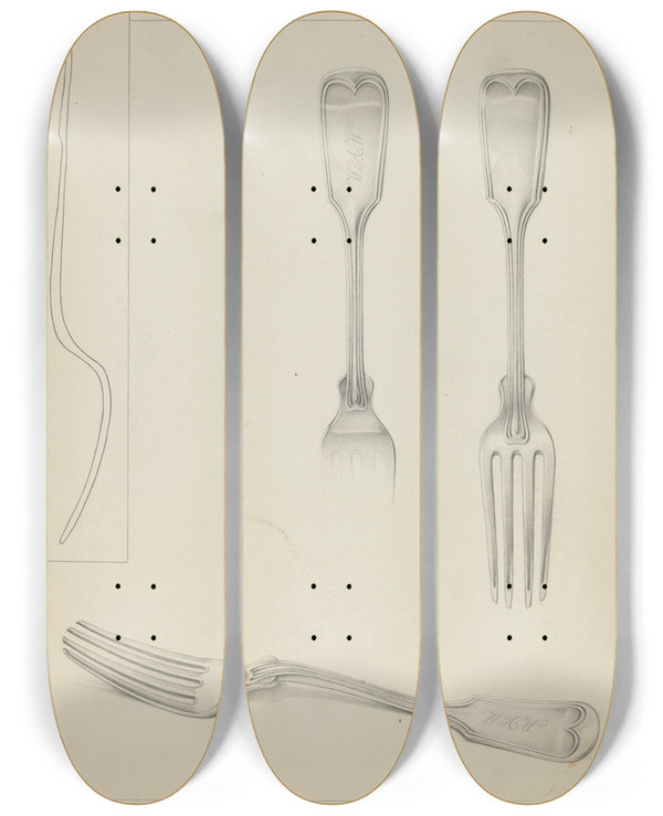 Triptych art skateboard deck of American 20Th Century Silver Fork by American 20Th Century
