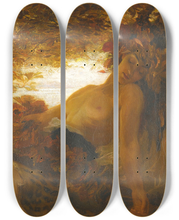 Triptych art skateboard deck of Herbert James Draper Autumn by Herbert James Draper (1864-1920)