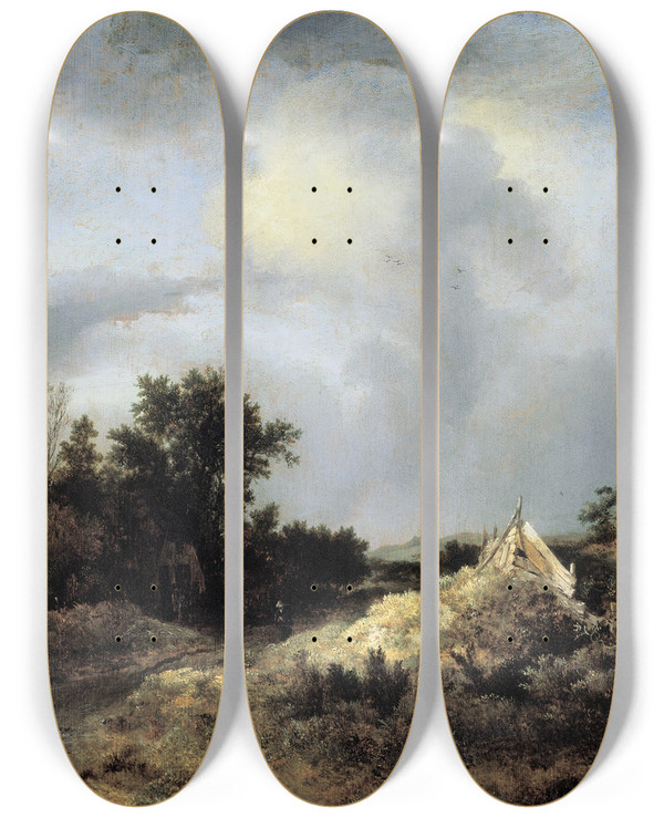 Triptych art skateboard deck of Jacob Van Ruisdael Dune Landscape With Fence by Jacob Van Ruisdael (1628-1682)