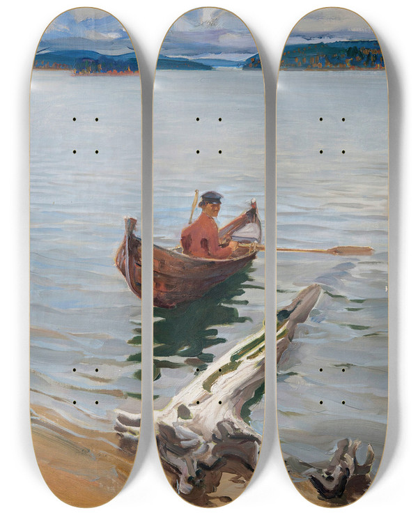 Triptych art skateboard deck of Akseli Gallenkallela Rower On The Lake by Akseli Gallen Kallela (1865-1931)