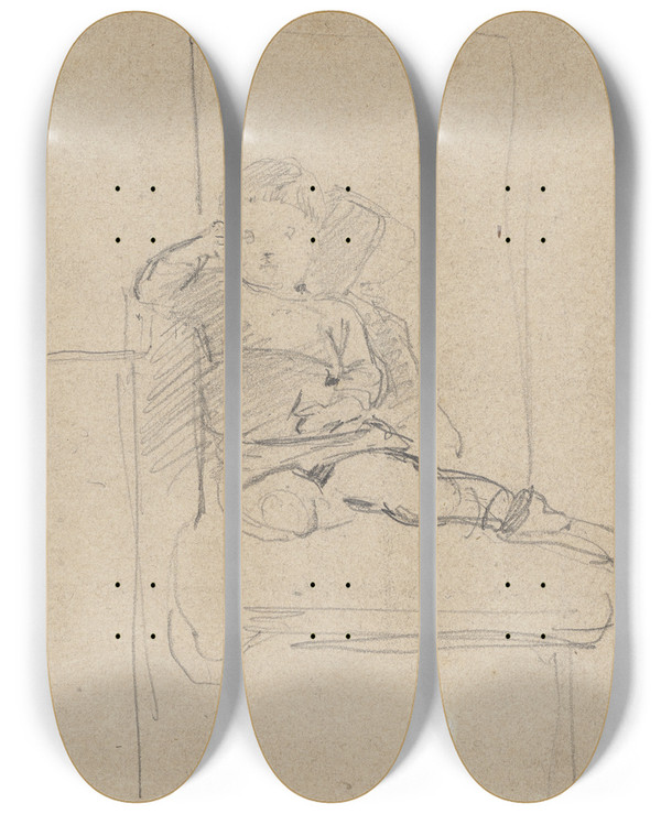 Triptych art skateboard deck of Philipp Rumpf Der Sohn Des Knstlers Im Lehnstuhl by Philipp Rumpf (1821-1896)