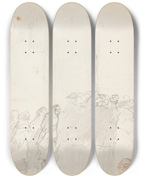 Triptych art skateboard deck of Winslow Homer Men And Women Looking Out To Sea Cullercoats England by Winslow Homer (1836-1910)