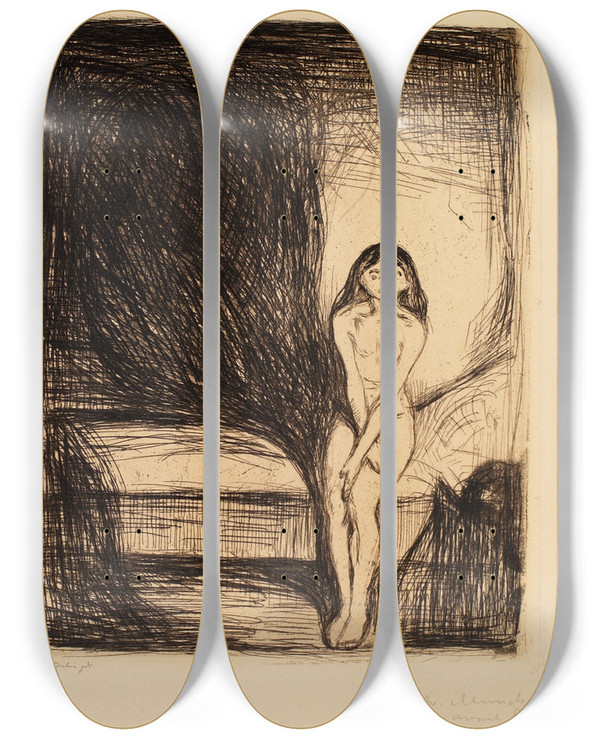 Triptych art skateboard deck of Edvard Munch At Night Puberty by Edvard Munch (1863-1944)