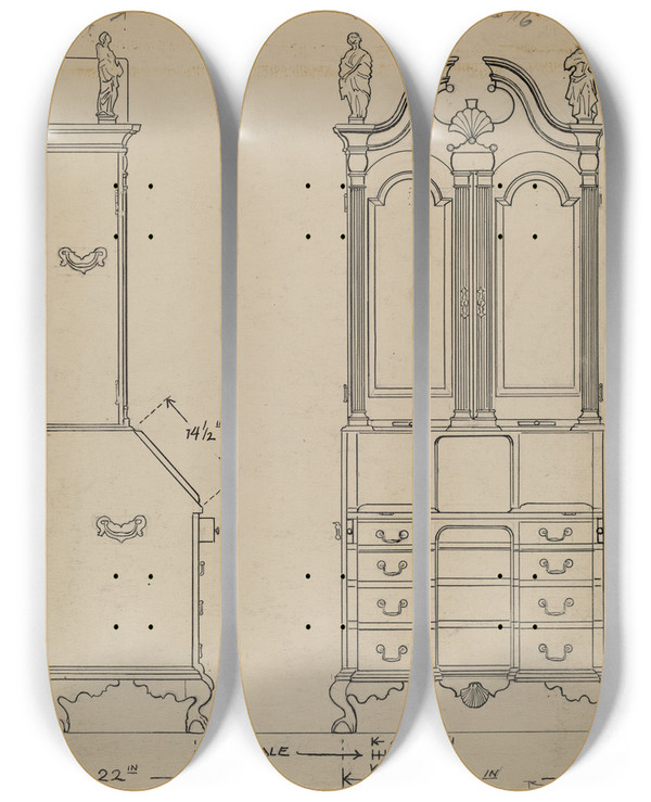 Triptych art skateboard deck of Rolland Livingstone Cabinettop Desk_2 by Rolland Livingstone