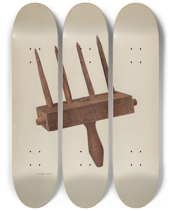 Triptych art skateboard deck of Wayne White Straw Rake by Wayne White