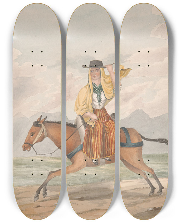 Triptych art skateboard deck of Alfred Diston Tenerife Woman Of Tacoronte by Alfred Diston (1793-1861)
