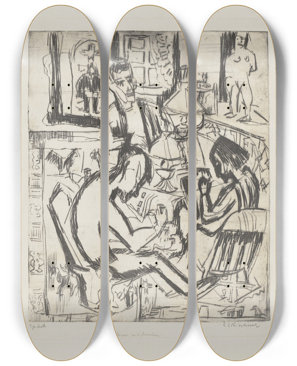 Triptych art skateboard deck of Ernst Ludwig Kirchner Interieur Mit Menschen by Ernst Ludwig Kirchner (1880-1938)