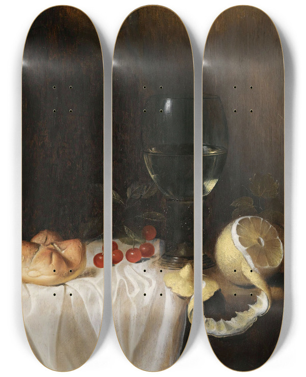 Triptych art skateboard deck of Gillis Gillisz De Bergh A Still Life With A Roemer A Peeled Lemon Cherries And A Bread Roll On A Partlydraped Table by Gillis Gillisz De Bergh (1600-1669)