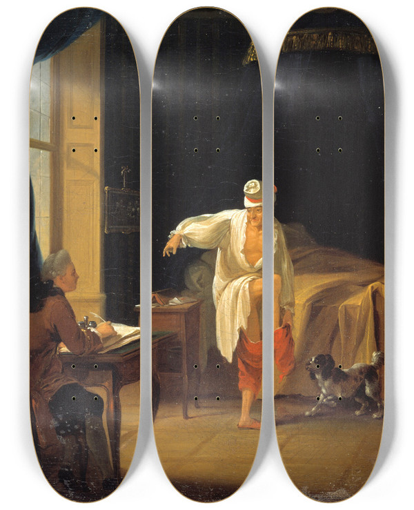 Triptych art skateboard deck of Jean Huber Voltaire Son Lever Ferney Dictant Son Secrtaire Collini by Jean Huber (1721-1786)