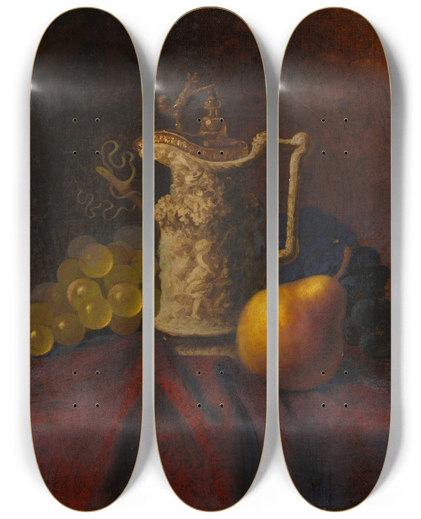 Triptych art skateboard deck of Carducius Plantagenet Ream Still Life With Ewer And Fruit by Carducius Plantagenet Ream (1838-1917)