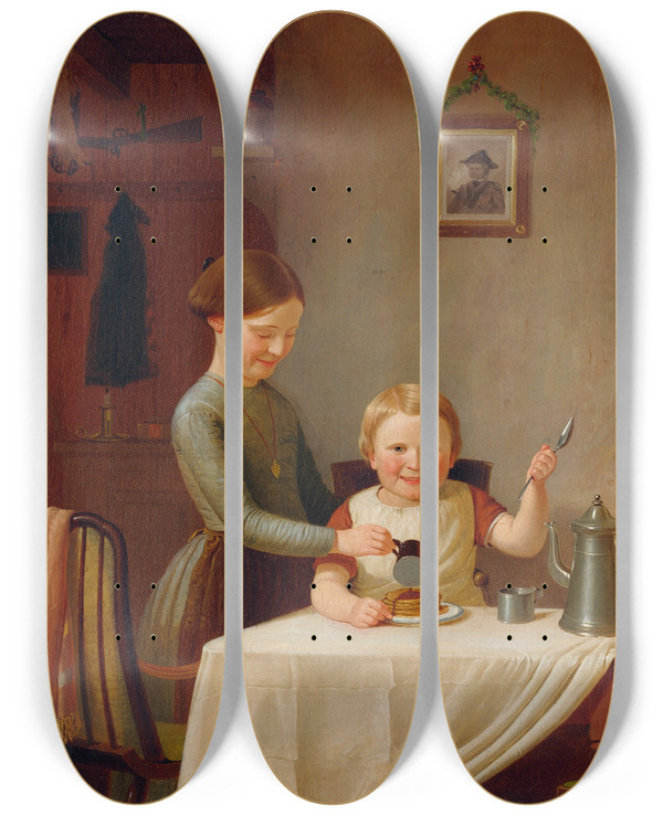 Triptych art skateboard deck of James Goodwyn Clonney A Good Breakfast by James Goodwyn Clonney (1812-1867)