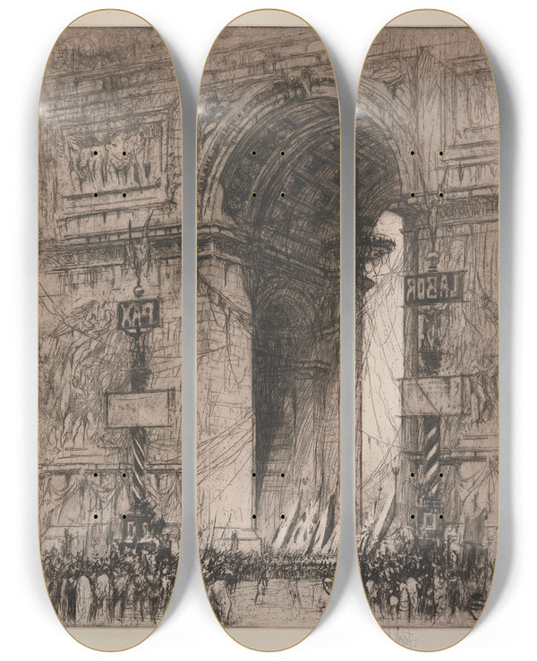 Triptych art skateboard deck of William Walcot Arc De Triomphe Paris by William Walcot (1874-1943)