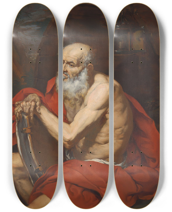 Triptych art skateboard deck of Giovanni Battista Langetti Diogenes_2 by Giovanni Battista Langetti (1635-1676)