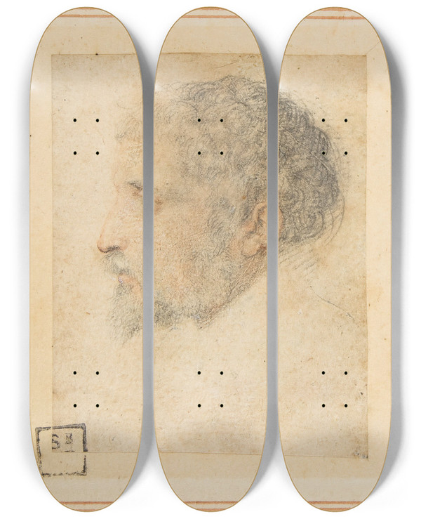 Triptych art skateboard deck of Parmigianino Head Of Man In Profile To Left by Parmigianino (1503-1540)