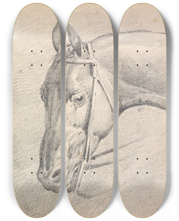 Triptych art skateboard deck of Henry Thomas Alken Head Of A Horse Wearing A Bridle by Henry Thomas Alken (1785-1851)