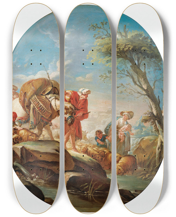 Triptych art skateboard deck of Jeanbaptiste Deshays The Passage Of The Ford by Jean-Baptiste Deshays (1729-1765)