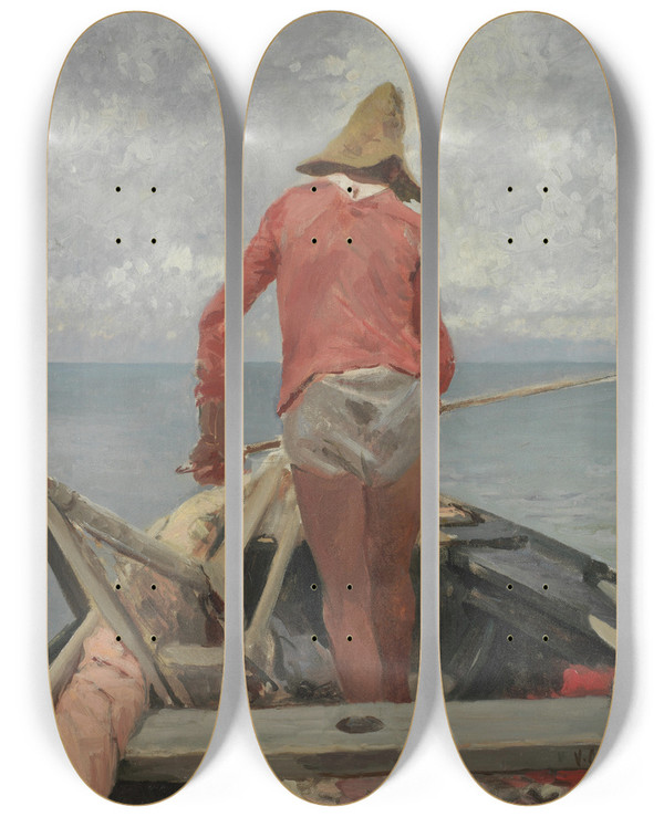 Triptych art skateboard deck of Vincenzo Caprile Study Of A Fisherman by Vincenzo Caprile (1856-1936)