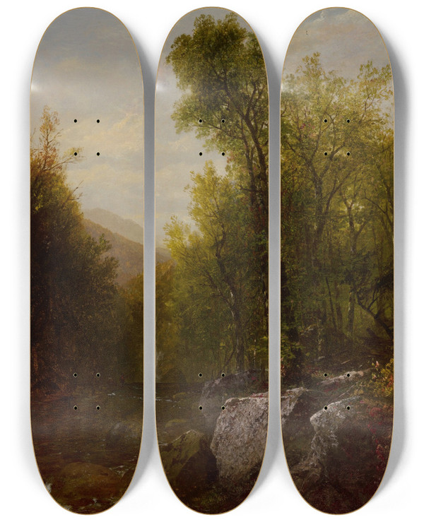 Triptych art skateboard deck of John Frederick Kensett Fishing Near A Forest Waterfall by John Frederick Kensett (1816-1872)