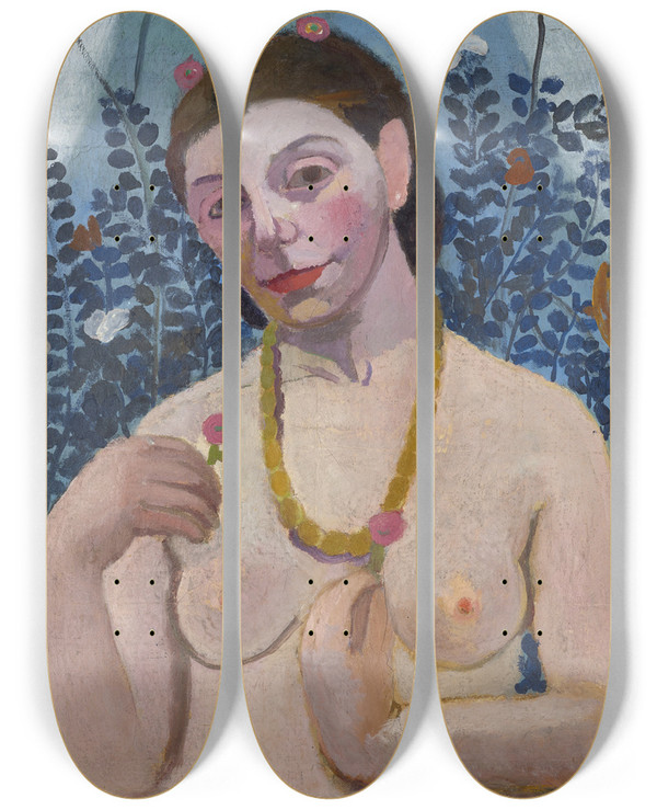Triptych art skateboard deck of Paula Modersohnbecker Selfportrait As A Halflength Nude With Amber Necklace Ii by Paula Modersohn-Becker (1876-1907)