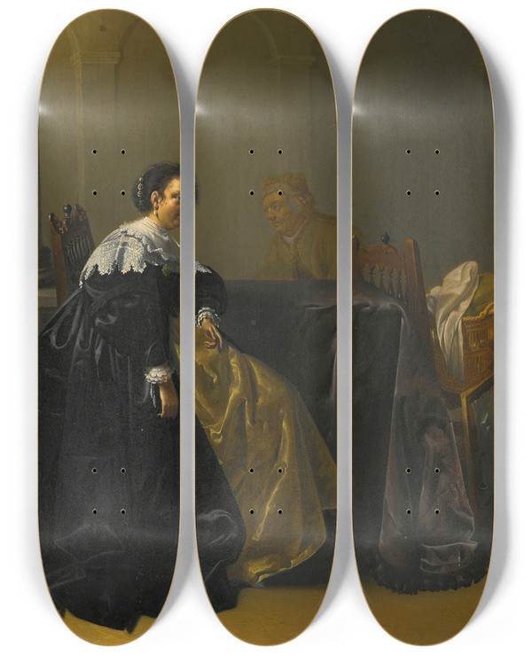Triptych art skateboard deck of Jacob Duck An Elegant Young Lady And Old Maid In An Interior by Jacob Duck (1600-1667)