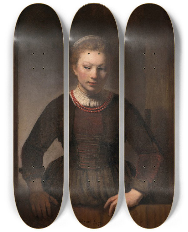 Triptych art skateboard deck of Rembrandt Van Rijn Young Woman At An Open Halfdoor by Rembrandt Van Rijn (1606-1669)