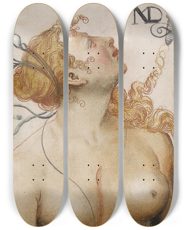 Triptych art skateboard deck of Niklaus Manuel Bust Of The Dying Lucretia by Niklaus Manuel (1484-1530)
