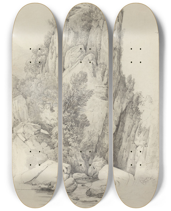 Triptych art skateboard deck of Johann Christoph Erhard Rock Cliffs Above A Stream by Johann Christoph Erhard (1795-1822)