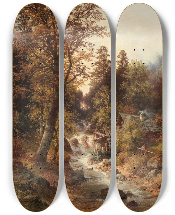 Triptych art skateboard deck of Carl Hasch Waldmhle Bei Windischgarsten_2 by Carl Hasch (1834-1897)