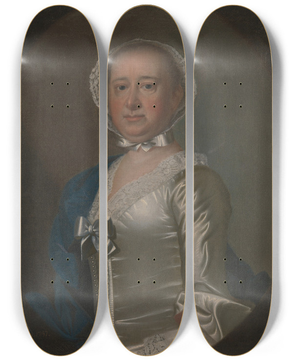 Triptych art skateboard deck of Jeremiah Theus Mrs Gabriel Manigault by Jeremiah Theus (1716-1774)