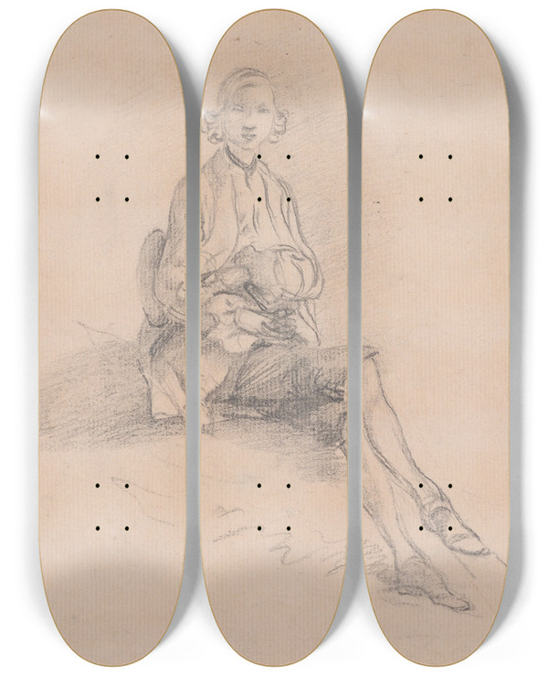 Triptych art skateboard deck of Thomas Gainsborough A Seated Youth by Thomas Gainsborough (1727-1788)