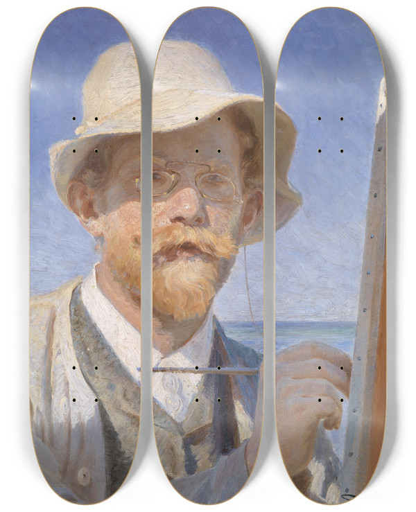 Triptych art skateboard deck of Peder Severin Kryer Selfportrait by Peder Severin Kroyer (1851-1909)