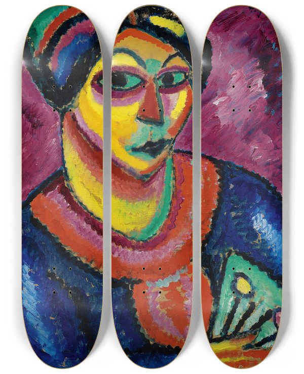 Triptych art skateboard deck of Alexej Von Jawlensky Frau Mit Grnem Fcher Woman With A Green Fan by Alexej Von Jawlensky (1864-1941)