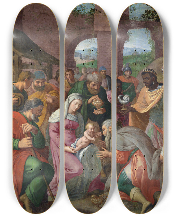 Triptych art skateboard deck of Antwerp School The Adoration Of The Magi by Antwerp School