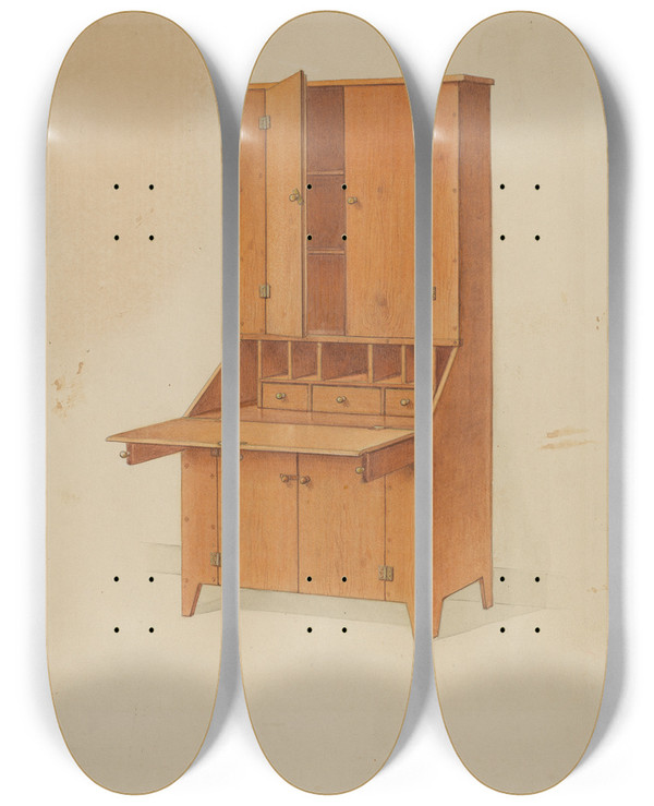Triptych art skateboard deck of Howard Weld Shaker Secretary by Howard Weld