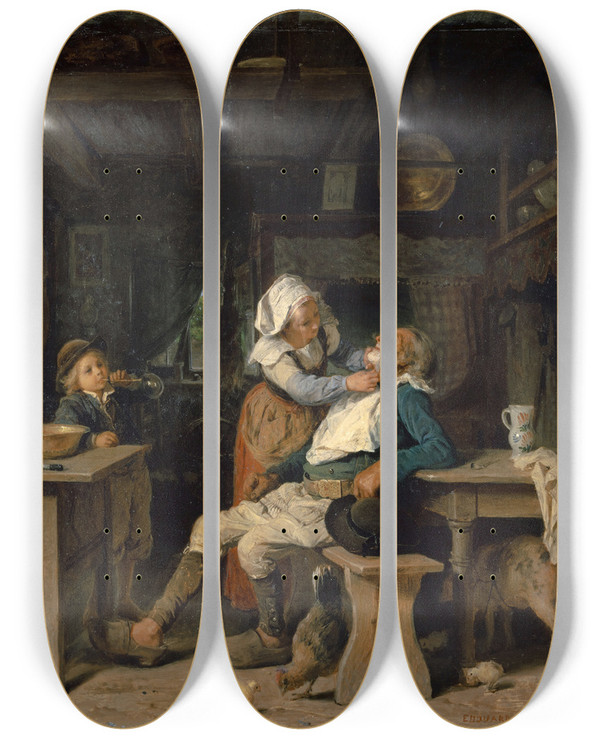 Triptych art skateboard deck of Edouard Girardet A Barbers Shop In Brittany by Edouard Girardet (1819-1880)